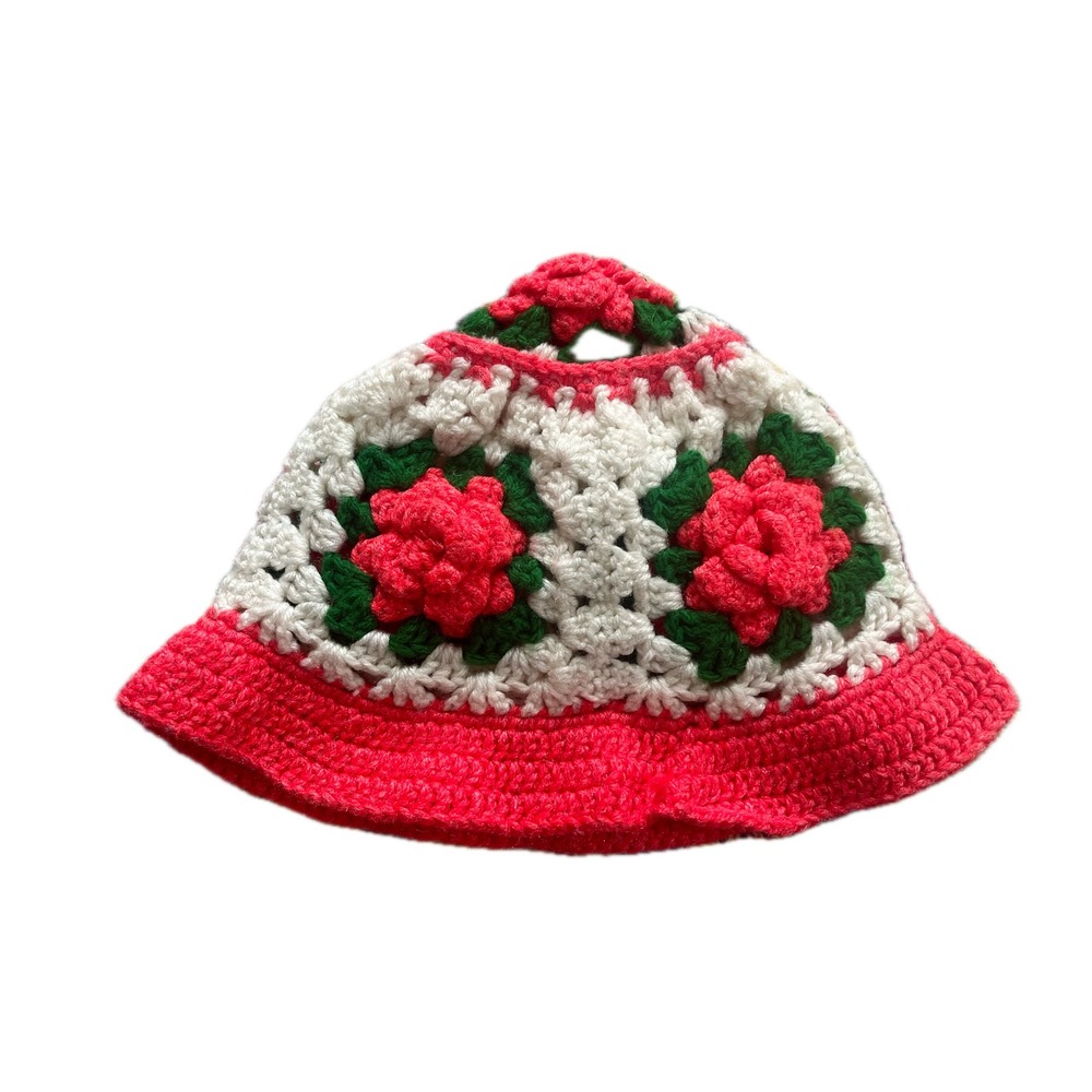 Handmade Crochet Granny Square Poncho Bucket Hat Pink White Floral Retro Sz S